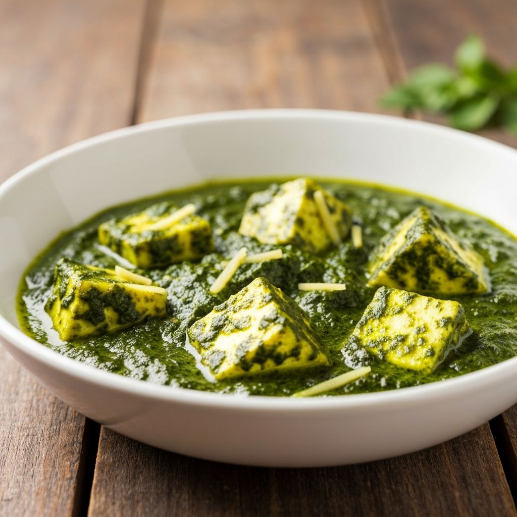 Palak paneer curry with fresh spinach and cottage cheese cubes
